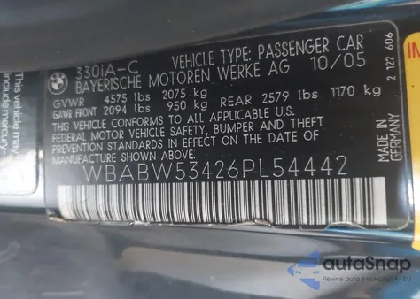 2006 BMW 330Ci from USA, damaged, VIN WBABW53426PL54442